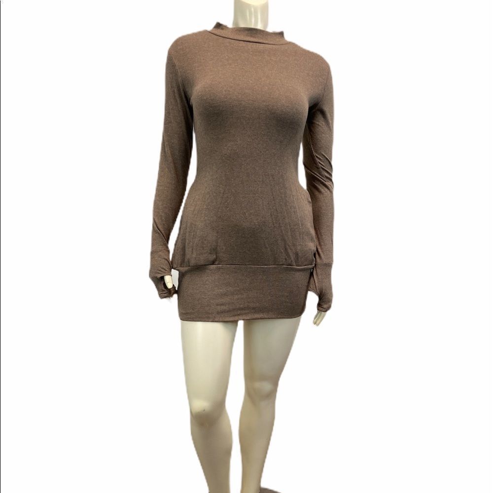 BROWN Round Neck Long Sleeve Mini Dress